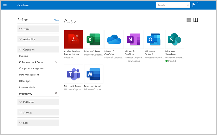 Captura de pantalla de Portal de empresa sitio web, página Aplicaciones, en la que se muestran las opciones De refinar.