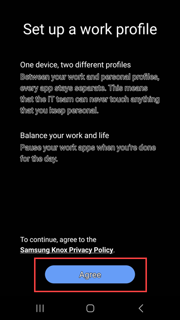 Captura de pantalla de Portal de empresa que muestra el vínculo a La directiva de privacidad de Samsung Knox y resalta el botón Aceptar.