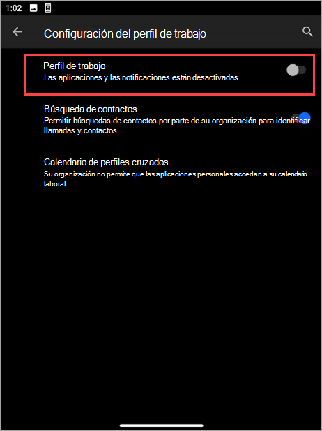 Captura de pantalla del botón de alternancia Perfil de trabajo desactivado en la configuración del dispositivo Surface Duo.