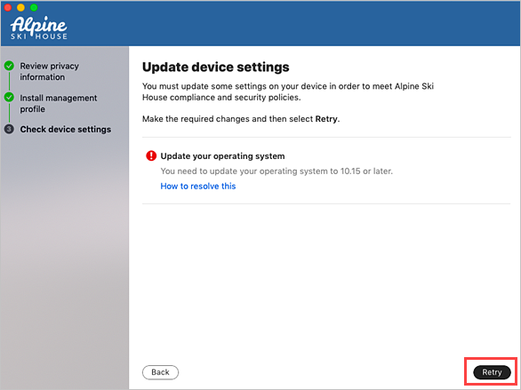 Captura de pantalla de ejemplo de Portal de empresa, pantalla Actualizar configuración del dispositivo, resaltando el botón Reintentar.