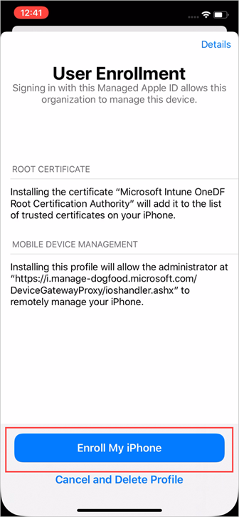 Captura de pantalla de ejemplo de la aplicación Configuración, pantalla Inscripción de usuario, con el botón Inscribir resaltado.