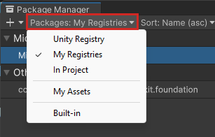 Captura de pantalla del Administrador de paquetes con la lista desplegable Paquetes resaltada.