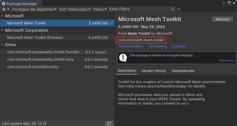 Captura de pantalla del administrador de paquetes de Unity que muestra los detalles del kit de herramientas de Mesh en versión preliminar.
