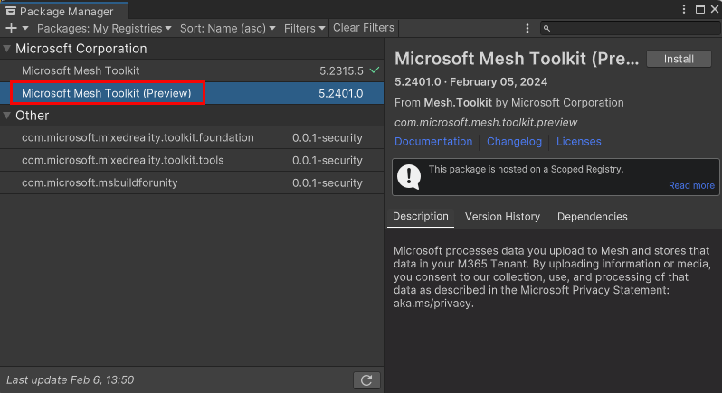 Captura de pantalla del administrador de paquetes de Unity que muestra el kit de herramientas de Mesh.