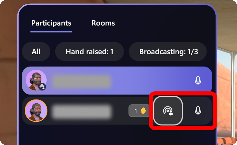 Captura de pantalla de Mesh que muestra los controles que un host tiene para deshabilitar la comunicación de los asistentes.