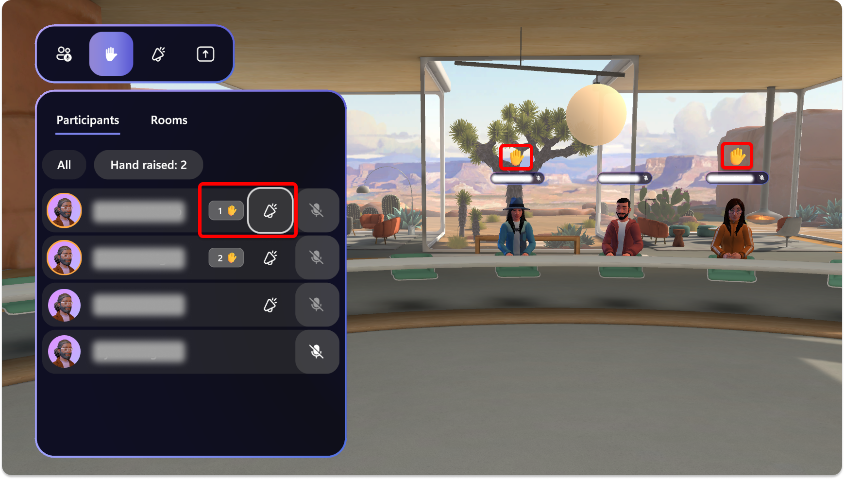 Captura de pantalla de la aplicación Mesh en la que se muestra una notificación de elevación manual junto a nombres de participantes y avatar.
