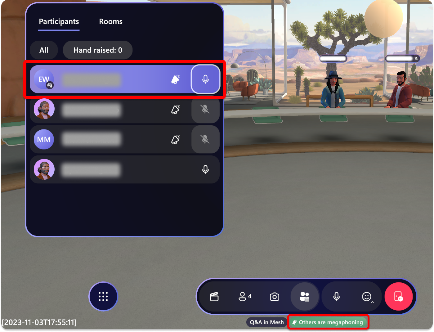 Captura de pantalla de Mesh en la que se muestran indicadores visuales que los asistentes tienen megafono o difusión.