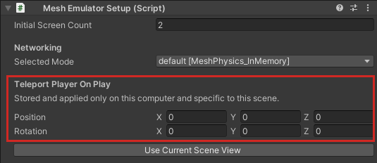 Captura de pantalla del componente Mesh Emulator Setup (Configuración del emulador de malla) con la sección Teleport Player on Play (Reproductor de Teleport en reproducción) resaltada.