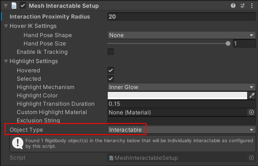 Captura de pantalla del componente Mesh Interactable Setup con el tipo de objeto establecido en Interactable.
