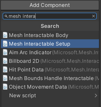 Captura de pantalla del cuadro de diálogo Agregar componente con el componente Mesh Interactable Setup (Configurar interactuable de malla) seleccionado.