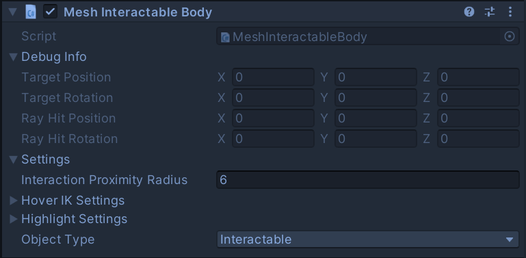 Captura de pantalla del componente Mesh Interactable Body (Cuerpo interactivo de malla).