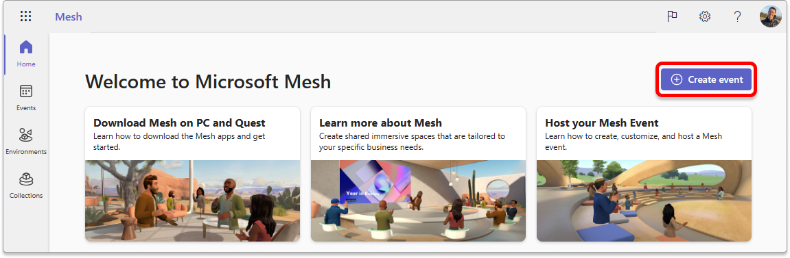 Captura de pantalla de Mesh en la web, botón Crear evento resaltado.
