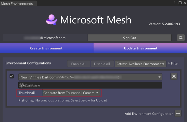 Captura de pantalla de Mesh Uploader (Cargador de malla) en la pestaña Update Environment (Entorno de actualización) en la que se resalta el campo Custom Thumbnails (Miniaturas personalizadas) con la opción Generar a partir de la cámara Thumbnails seleccionada