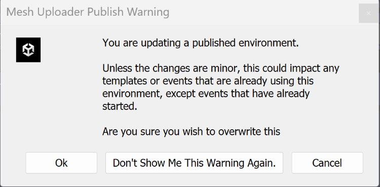 Captura de pantalla de advertencia sobre cómo actualizar el entorno.