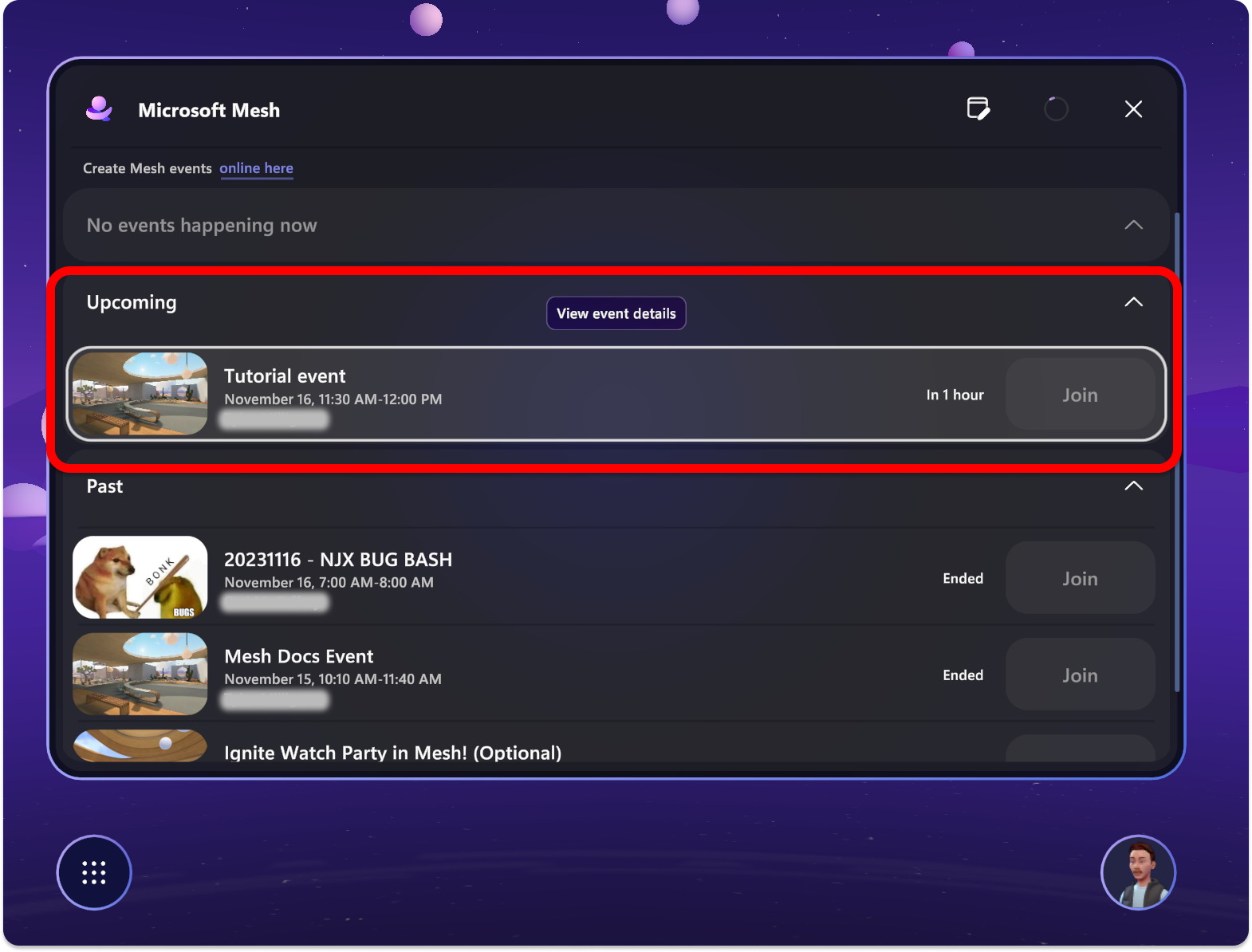 Captura de pantalla de la aplicación Mesh que muestra un próximo evento resaltado para indicar que debe seleccionarlo.
