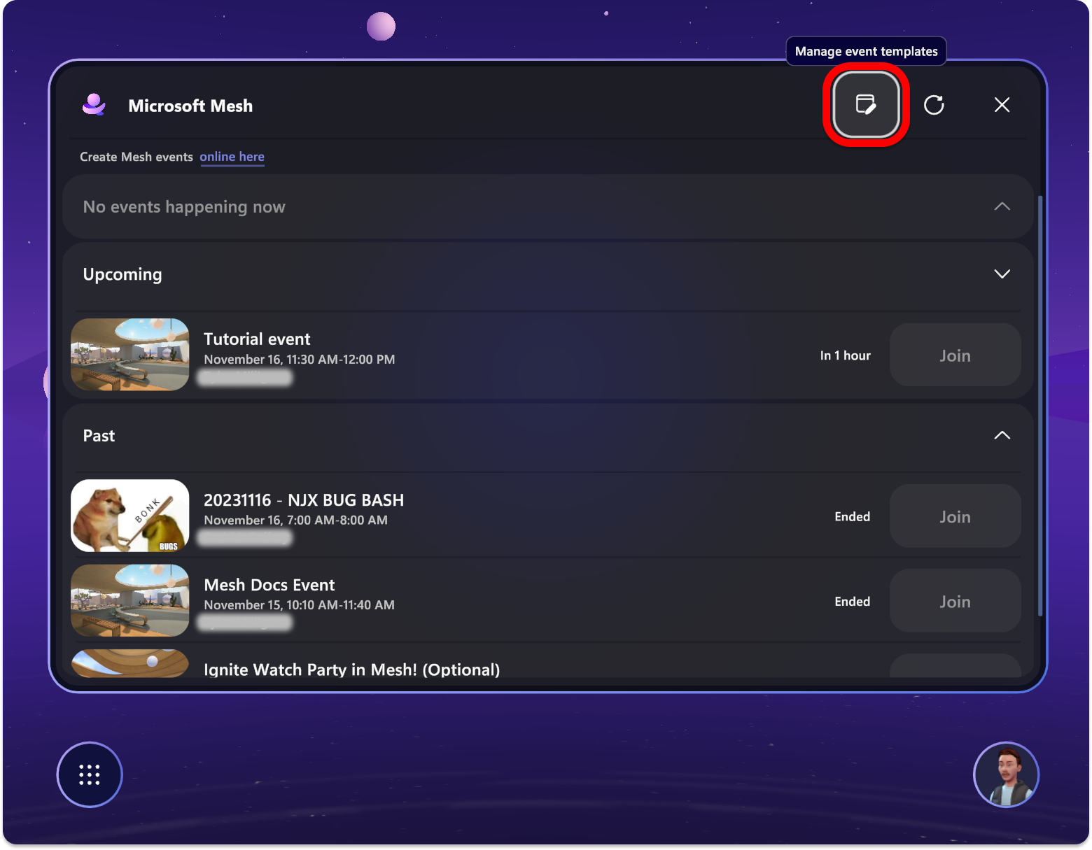 Captura de pantalla del panel de la aplicación Mesh que muestra el botón Administrar plantillas de eventos resaltado.