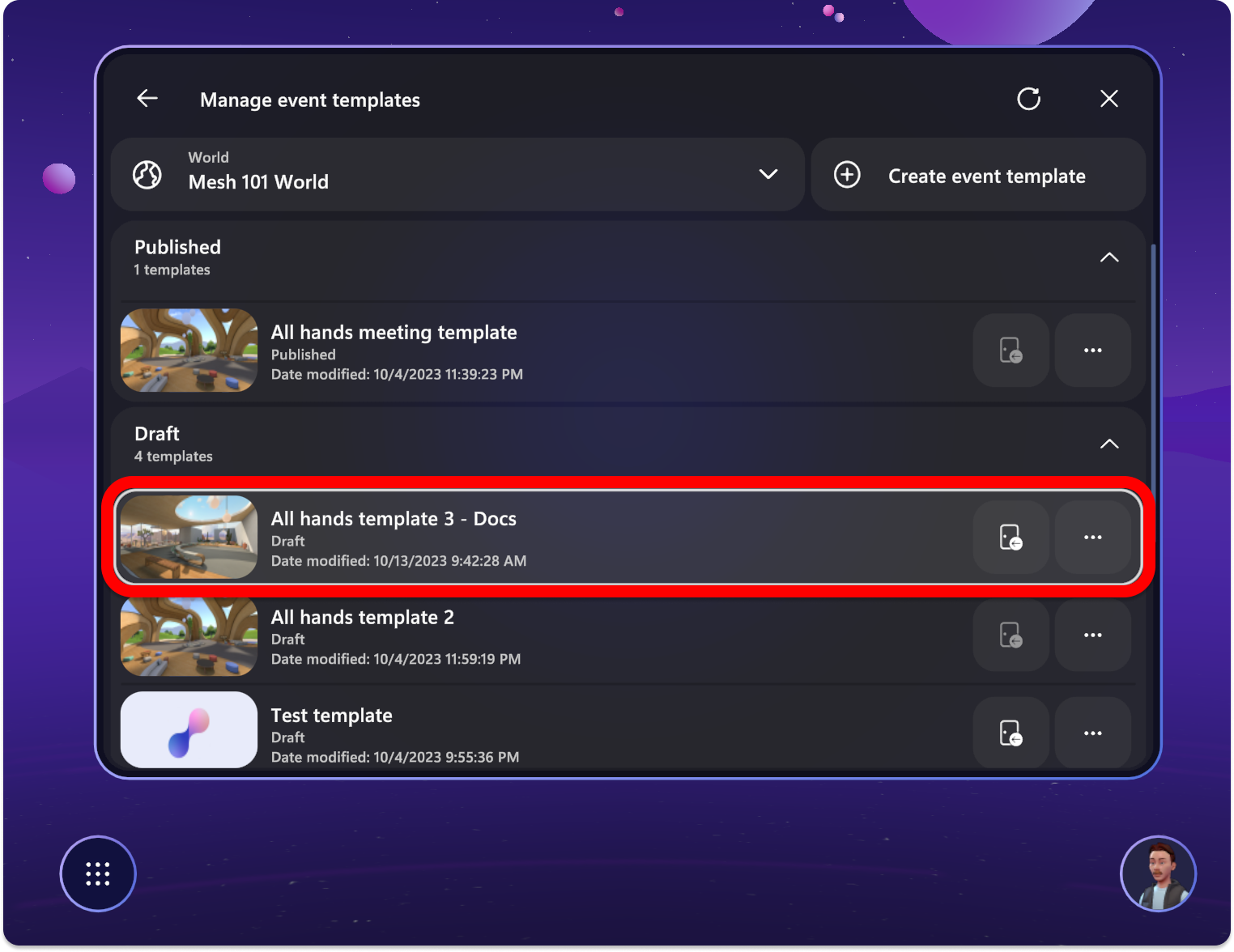 Captura de pantalla de la ventana Administrar plantillas de la aplicación Mesh, resaltados los eventos de borrador.