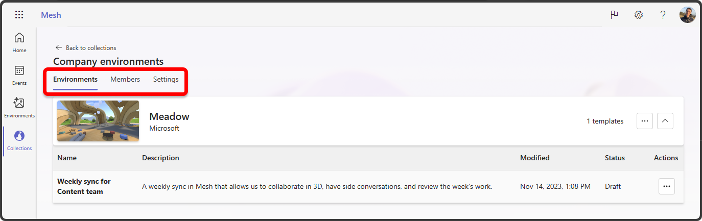 Captura de pantalla de Mesh en la web en la que se muestra una colección resaltada con Entornos, Miembros.