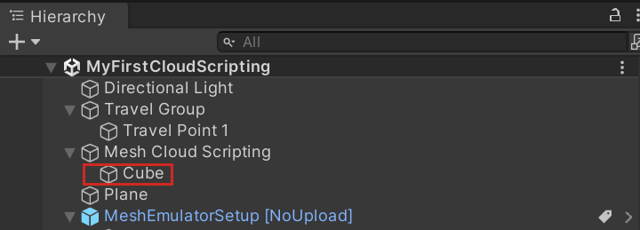 Captura de pantalla del cubo colocado como secundario en Mesh Cloud Scripting.