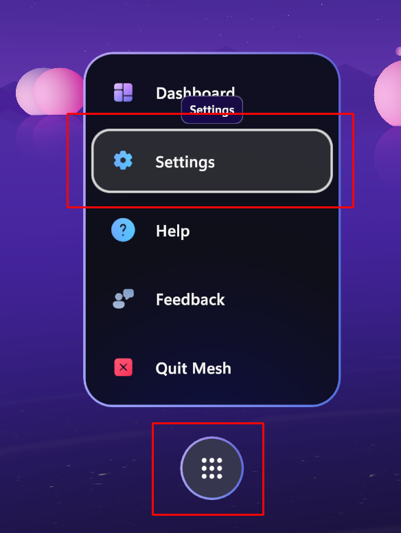 Pantalla de la interfaz de la aplicación Mesh con el botón Menú resaltado.