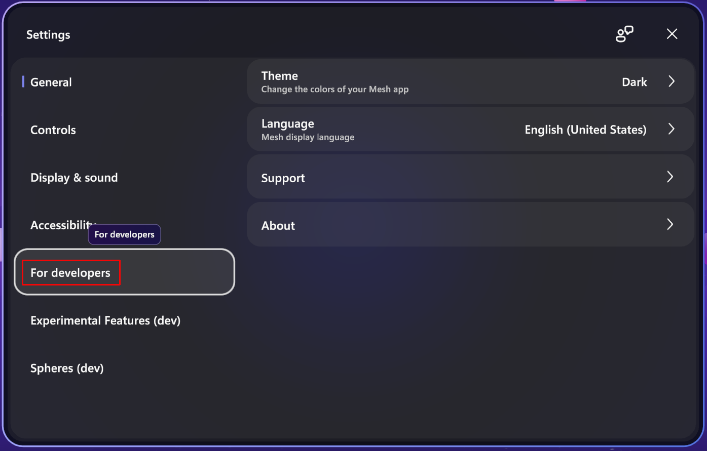 Captura de pantalla de la interfaz de la aplicación Mesh con la opción Configuración resaltada.