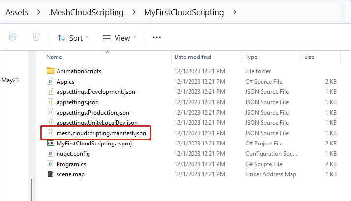 Captura de pantalla del Explorador de Windows con el archivo JSON del manifiesto de cloudscripting mesh resaltado.