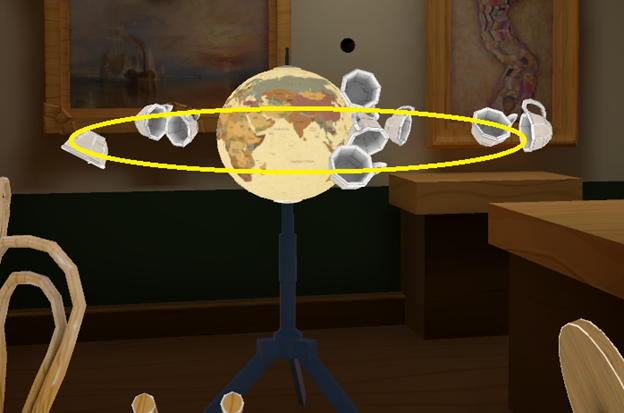 Captura de pantalla de un campo de gravedad que provoca que las tazas orbitan alrededor de un globo como satélites.