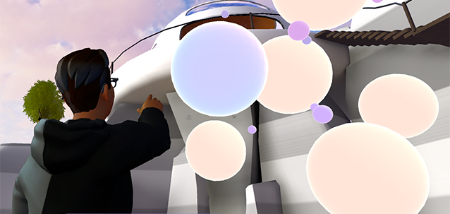 Captura de pantalla de un asistente de Mesh tocando una escultura de esfera que genera un sonido.