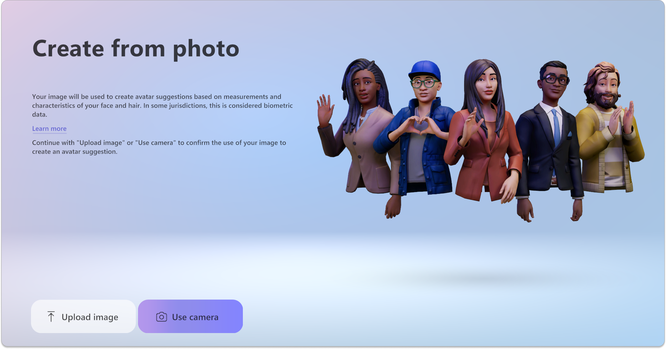 Captura de pantalla de la aplicación Avatares que muestra la capacidad de crear un avatar a partir de una foto cargada o de una foto tomada mediante la cámara web.