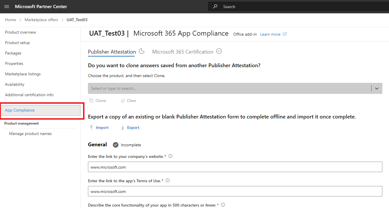 Captura de pantalla que muestra la opción seleccionar cumplimiento de aplicaciones.