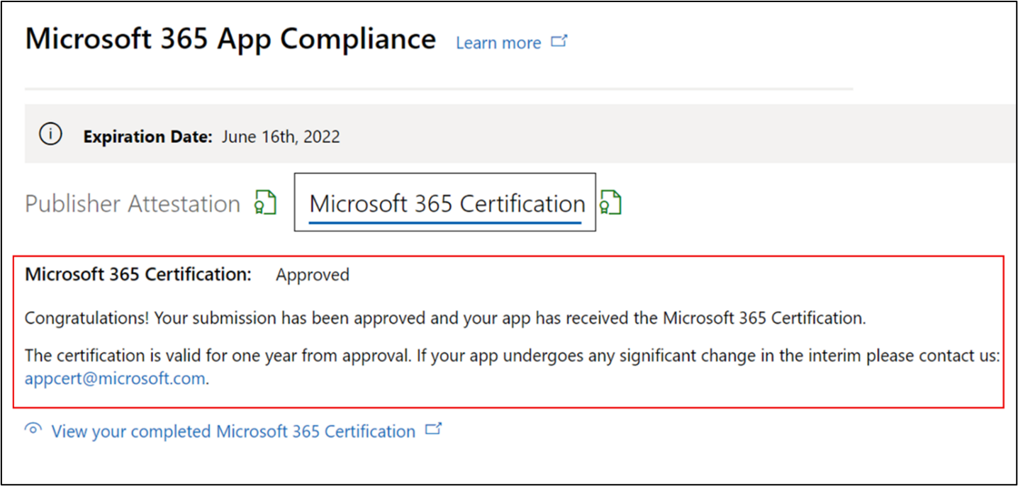 Certificación de aplicaciones de Microsoft 365 aprobada