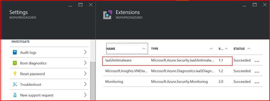 Captura de pantalla de Azure Security Center; muestra que se ha implementado una extensión Antimalware en la máquina virtual
