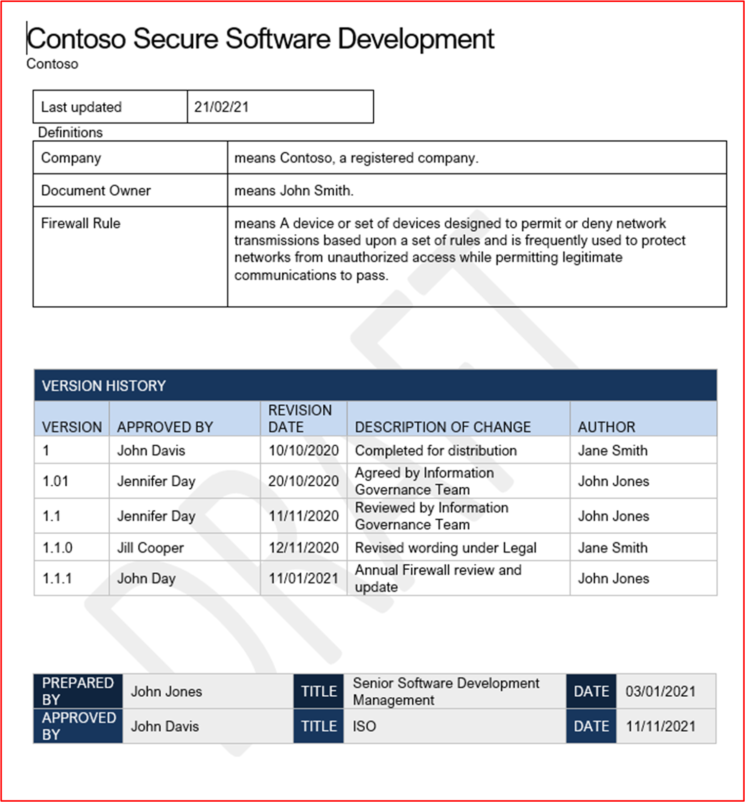 Captura de pantalla de un extracto del procedimiento de desarrollo de software seguro de Contoso