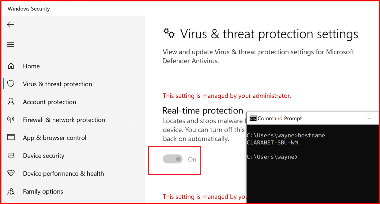 Captura de pantalla que muestra que la protección en tiempo real está habilitada para el host