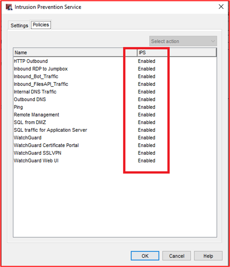 captura de pantalla que muestra que IDPS está habilitado en todas las reglas dentro de la configuración del firewall de WatchGuard.