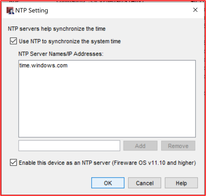 Captura de pantalla que muestra watchguard configurado como servidor NTP y que apunta a time.windows.com como origen de hora.