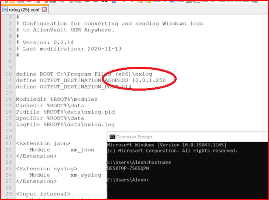 captura de pantalla que muestra un extracto del archivo nxlog.conf