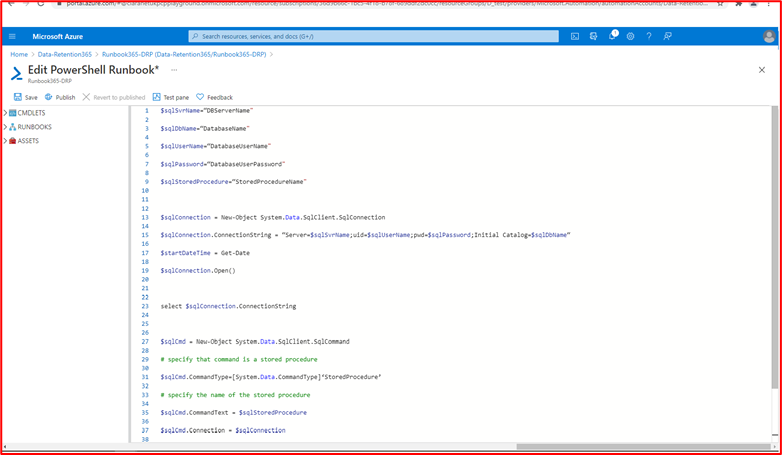 Captura de pantalla que muestra que el runbook se ha editado para buscar registros y que tiene comandos de eliminación que no están en la vista, como el script.