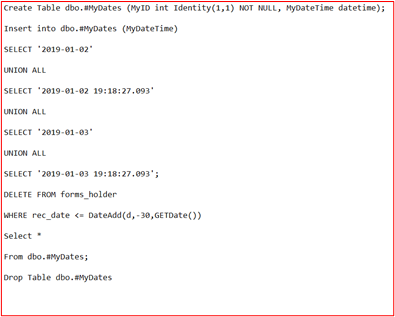 Captura de pantalla del script que se podría usar para eliminar todos los registros de datos retenidos en función de la fecha