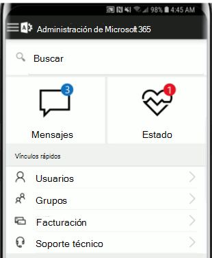 Captura de pantalla de la aplicación móvil de administración de Microsoft 365.