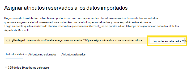 Captura de pantalla que muestra cómo importar encabezados csv.