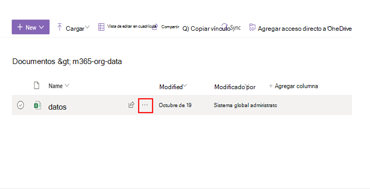 Una captura de pantalla muestra la opción de puntos suspensivos junto a un archivo de una biblioteca de SharePoint. 