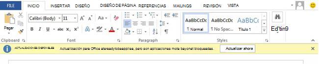 A screenshot of a banner in Word indicating that updates for Office are ready to be applied but are blocked by one or more apps.