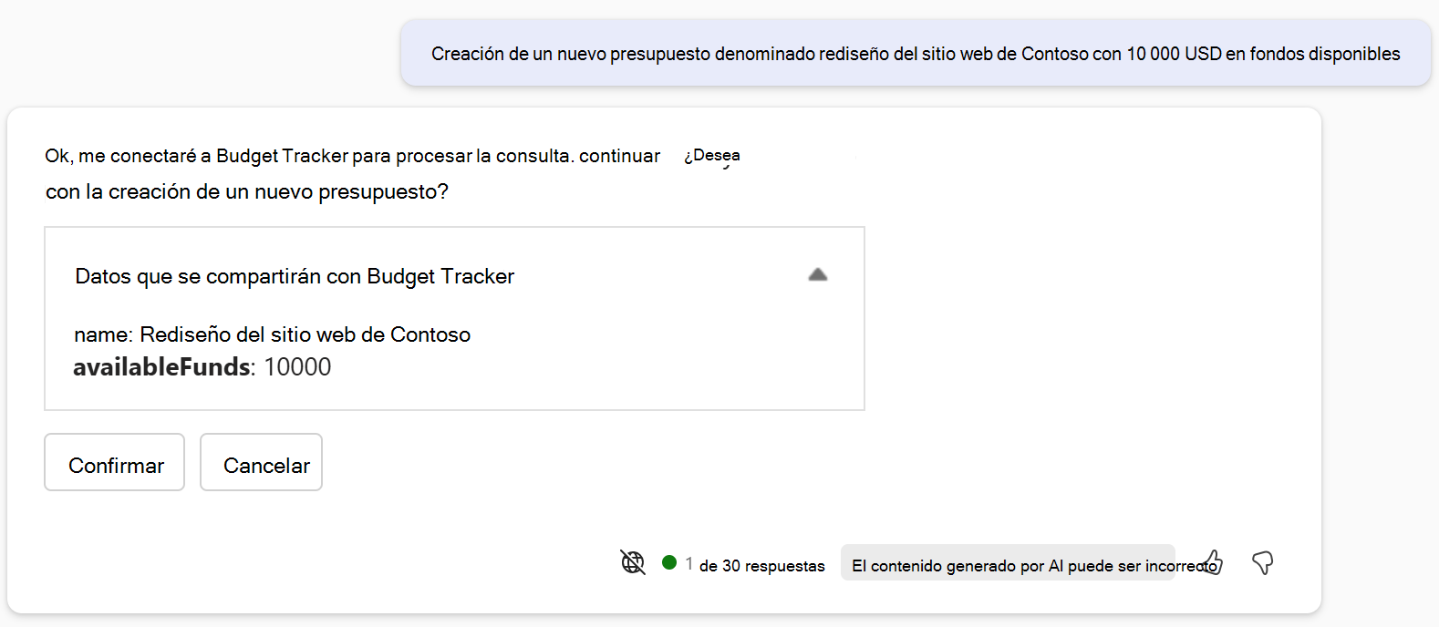 Cuadro de diálogo de confirmación de Copilot para una operación POST.