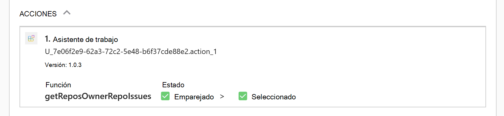 Captura de pantalla de Microsoft 365 Copilot sesión en la que Copilot ha devuelto una tarjeta con información de depuración que muestra las acciones del agente configuradas