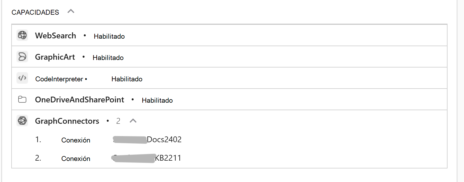 Captura de pantalla de Microsoft 365 Copilot sesión en la que Copilot ha devuelto una tarjeta con información de depuración que muestra las funcionalidades del agente configuradas