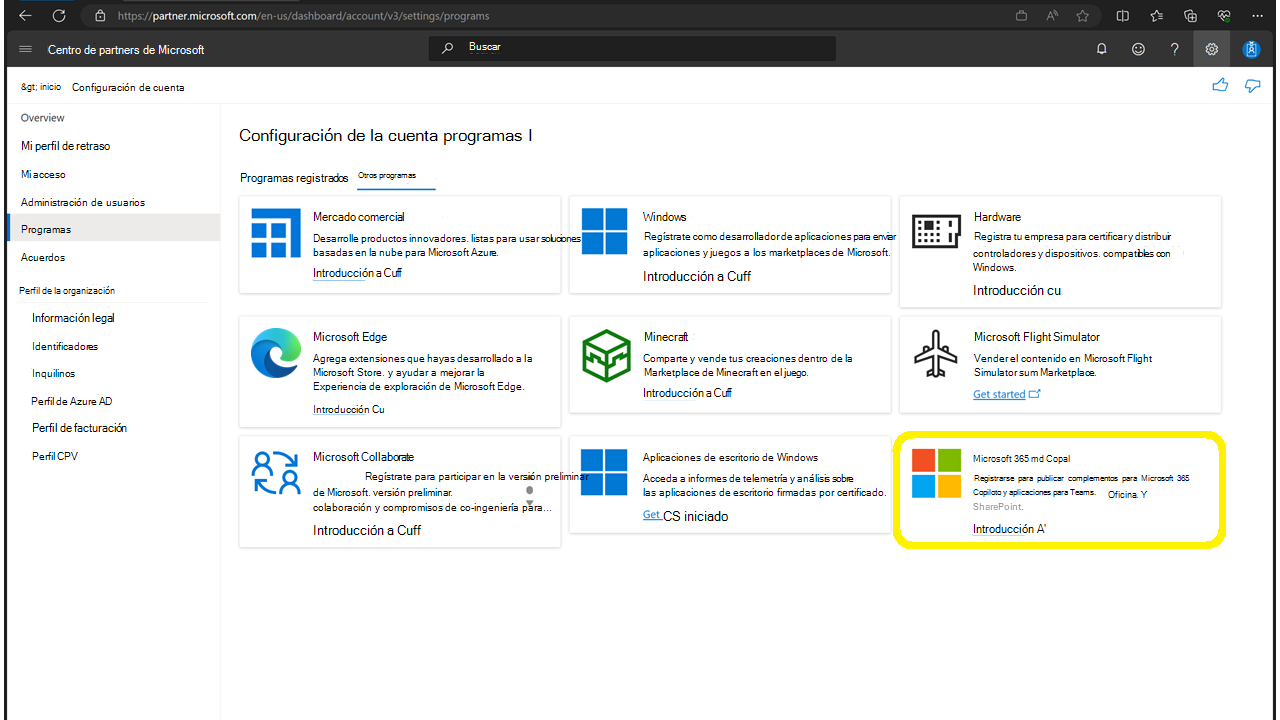Captura de pantalla del Centro de partners de Microsoft abierta a 'Configuración de la cuenta | Programas