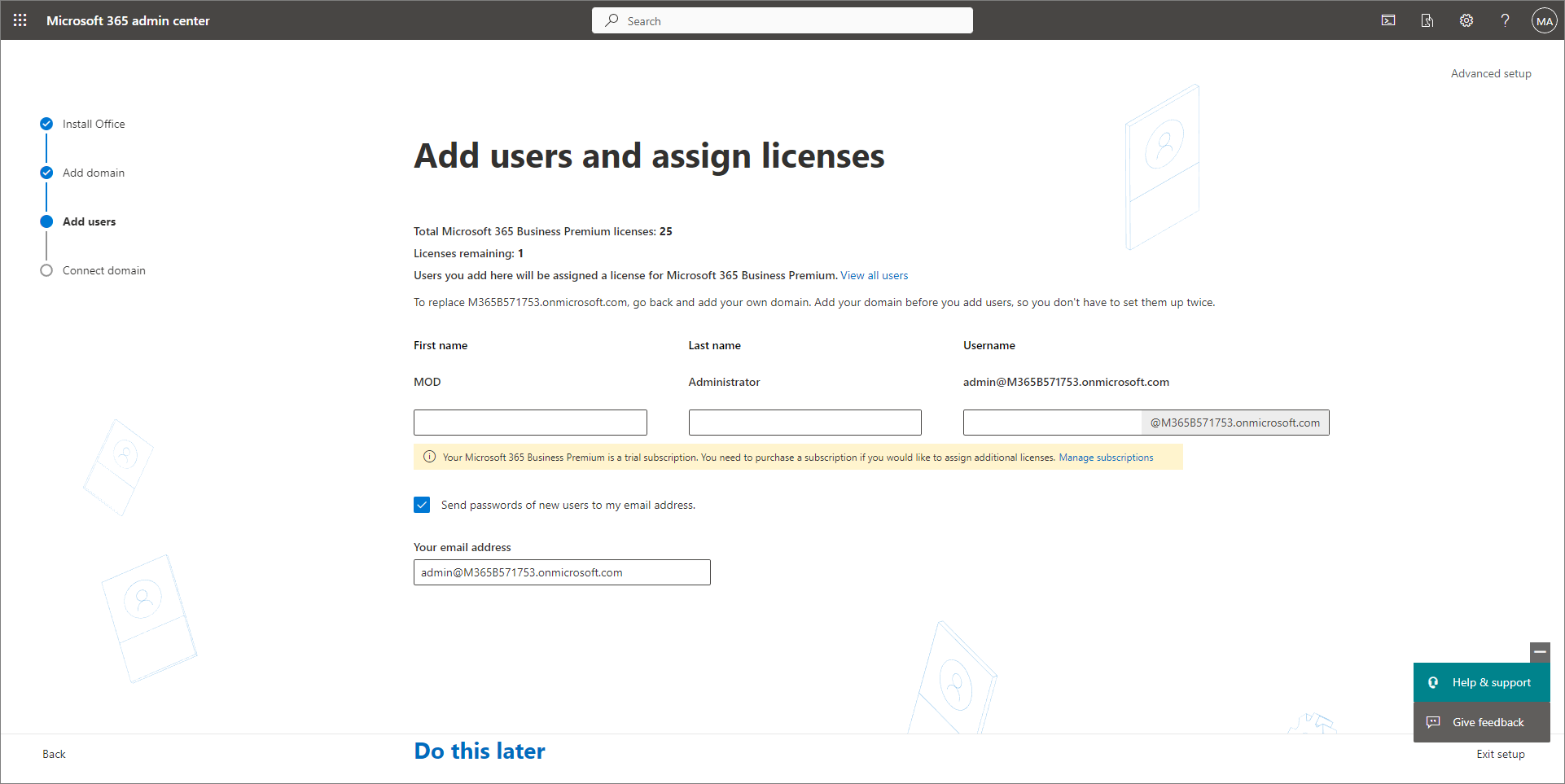 Captura de pantalla que muestra la página Agregar usuarios y Asignar licencias.