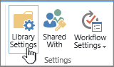 Botones de configuración de la biblioteca de SharePoint en la cinta de opciones.