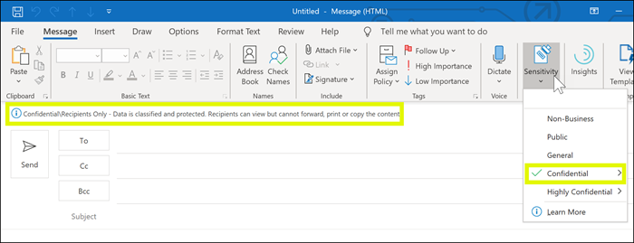 Etiqueta de confidencialidad aplicada al mensaje en Outlook.